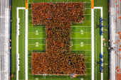 Block I photo of students in Memorial Stadium