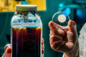 Hands holding a jar of dark liquid, left, and a plate covered in tiny plastic particles, right.