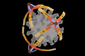 An artist's rendering of three NanoGrippers covering a coronavirus