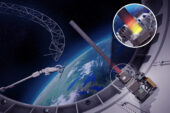 An illustration of Mission Illinois at work in orbit above the Earth, passing over Illinois and the Great Lakes region.