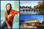 Photo montage of Jeanne Gang on the left, with two buildings -- the WMS Boathouse and the Writers Theatre -- on the right.
