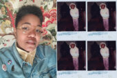 Diptych image with headshot of Jen Everett and repeated image of a photograph of her as a child.