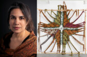 Diptych image with headshot of Kira Dominguez Hultgren and a weaving titled "Arose."
