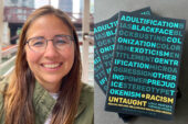 Diptych image with headshot of Lisa Mercer and cover image of her book, "Racism Untaught: Revealing and Unlearning Racialized Design."