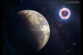 A NASA illustration showing a supernova in the backround and a planet in the foreground
