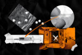 Illustration showing fentanyl pills, a syringe, an ambulance and a chunk of crystal methamphetamine.