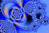 The graphic shows an orange and blue fractal image illustrating mathmatical order and chaos