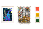 Triptych of images, including a painting with bright Northwest Coast graphics, a hanging scuplture made of suspended rice paper kites and a triptych of images in the colors of stoplights.