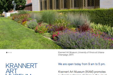 Home web page of the Krannert Art Museum, showing the front of the museum, navigation and body text.