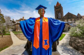 Alma Mater statue in regalia