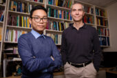Martin Gruebele, right, and graduate student Huy Nguyen led a team that is the first to demonstrate imaging of individual nanoparticles at different orientations while in a laser-induced excited state.