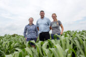 Photo of three researchers standing in a field of sorghum.