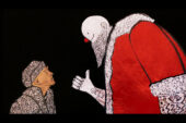 Image of puppets representing Scrooge and the ghost of Christmas Present.