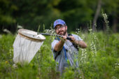 Tommy McElrath stands in tall prairie and swings his net after a bumble bee.