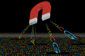 Cartoon of a giant red magnet drawing up genetic sequences from a pool of genetic sequences. Background is black.