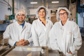 The team: Doctoral students Amir Malvandi and Nahla Kreidly, and food science professor Graciela Padua standing in their lab at the Agricultural Engineering Sciences Building.