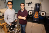 Materials science and engineering professor Christopher Evans, right, and graduate student Brian Jing have developed a solid battery electrolyte that is both self-healing and recyclable.