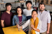 Graduate student Edmund Han, left, professor Elif Ertekin, graduate student Jaehyung Yu, professor Pinshane Y. Huang, front, and professor Arend M. van der Zande have determined how much energy it takes to bend multilayer graphene – a question that has long eluded scientists.