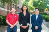 The Identifying Depression through Early Assessment Women’s Health Coalition is led by, from left, Brandon Meline, the director of maternal and child health with the Champaign-Urbana Public Health District; and University of Illinois professors Karen M. Tabb Dina, social work; and Wenhao (David) Huang, education policy, organization and leadership.