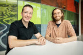 Civil and environmental engineering professor Jeremy Guest, left, and graduate student John Trimmer evaluated the feasibility of using human-derived waste as a safe and valuable nutrient commodity.