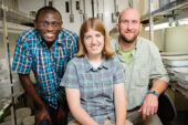 Researchers, from left, Ephantus Muturi, Allison Gardner and Brian Allan found that different types of leaf litter in water had different effects on the abundance of Culex pipiens mosquitoes, which can carry West Nile virus.