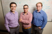 Inspired by the principles of natural polymer synthesis, Illinois chemical and biomolecular engineering professor Charles Sing, left, and graduate students Jason Madinya and Tyler Lytle co-authored a study that found they could create new synthetic materials by tuning the electrostatic charge of polymer chains.