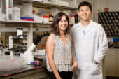 University of Illinois engineering professor Cecilia Leal, left, and graduate student Hojun Kim have developed a large, crystalline lipid structure that can support much larger proteins and molecules than before.