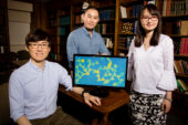 University of Illinois postdoctoral researcher Juyeong Kim, left, graduate student Zihao Ou and professor Qian Chen have developed a new technique for observing colloidal nanoparticles while they interact and self-assemble.