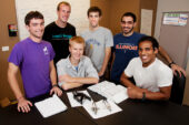The Illini Prosthetics team at its office in EnterpriseWorks, from left, Jonathan Naber, Richard Kesler, Adam Booher, Luke Jungles, Ehsan Noursalehi and Hari Vigneswaran. All are seniors.