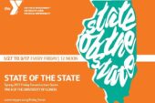 A green map of the state of Illinois with the words "State of the State" in white.