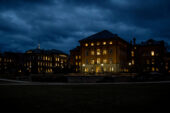 The back of Engineering Hall, viewed at night.
