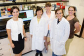 In breakthrough research on breast cancer, a team at the University of Illinois discovered that higher levels of the nuclear transport gene XPO1 indicate when a patient is likely to be resistant to the popular drug tamoxifen. The team, from left, food science and human nutrition professor Zeynep Madak-Erdogan; graduate students Karen Chen, Kinga Wrobel and Eylem Kulkoyluoglu; and epidemiology professor Rebecca Smith.