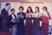 Carolers Nicholas Temperley, Dennis Michael Davis (known as Mike Davis), Mary Sleator Temperley, Lucy Temperley, Jean Geil, Janet Peltz practice in 1989.