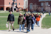 UI employees participate in a Weekly Wellness Walk, hosted by the Wellness Center. The walk took place on one of the routes evaluated by volunteers last year. The lunch-hour walks take place Mondays, Tuesdays and Wednesdays at different locations. To encourage employees to fit exercise into their routines, the Wellness Center is planning an online toolkit with maps and other information for prospective walkers.  Click photo to enlarge