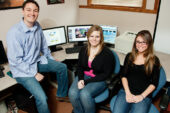 Eric Snodgrass, left, a professor of atmospheric sciences, received assistance from two students in his department while adapting his course to assist two blind students. Sophomore Jacqueline Costello, left, and junior Zaneta Gacek asssisted Snodgrass on the project by writing descriptions of many of the images used in the course.