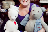 Jean Huddleston displays two bears, which she sews as keepsakes for people whose loved ones have died or donates to children in need. Huddleston, who retired April 30 as director of business and operations at Krannert Center for the Performing Arts, has sewn 563 of the bears during the past several years from clothing, tablecloths, handkerchiefs, blankets and other personal possessions of the deceased.  Click photo to enlarge