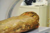 Laser sight lines are used to ensure the mummy is in the optimal scanning position.