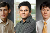 Three University of Illinois professors - from left, P. Brighten Godfrey, Prashant Jain and Shinsei Ryu - have been selected to receive 2014 Sloan Research Fellowships from the Alfred P. Sloan Foundation.  Click photo to enlarge