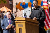 Edward Washington, a freshman in political science, talks about the importance of Illinois MAP grants to low-income students at a rally on the Quad on Oct. 7. Gov. Pat Quinn, left, led rallies at several college campuses to build support for reinstating funding for the grants, which was cut in half by the Illinois General Assembly. If legislators don't agree to a new funding plan, MAP recipients won't receive any aid for the spring semester.  Click photo to enlarge