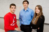 State Farm interns, from left, seniors Alan Kessler and Eric Adomaitis and junior Tiera Wiegand are among the 25 student interns who perform actuarial work on pricing, predictive modeling and risk management at the insurance giants R & D center in the Research Park on campus.