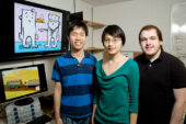 The work of undergraduate animators, from left, Pakpoom Buabthong, Annie Lin and Benjamin Blalock brings development education to people around the world on their cellphones.
