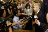Christopher Kennedy talks with reporters after being elected chair of the UI Board of Trustees during the board's Sept. 10 meeting at the Illini Union.
