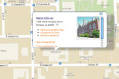 Map entries pop up with options that include directions from campus point to campus point (by car, bike, bus or foot), photos of buildings, accessibility information and even bus stops.