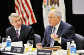 Board chair Christopher Kennedy, left, and Gov. Pat Quinn at the Jan. 20 UI Board of Trustees meeting at UIC. The governor introduced two new trustees.  Click photo to enlarge