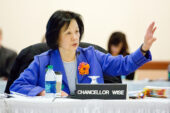 At the table Chancellor Phyllis M. Wise makes a point during her Dashboard Indicators presentation to the U. of I. Board of Trustees on March 7. Wise also reported to supportive trustees that the campus would soon be initiating a program to improve diversity in faculty and staff hiring and in student recruitment and retention. "We have to make this an issue that is core to what we do," she said in her report.  Click photo to enlarge