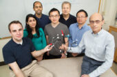 Researchers have developed a new drug that kills estrogen receptor-positive cancers in mice. The team, from left, includes M.D./Ph.D students Neal Andruska, Lily Mahapatra and Mathew Cherian; graduate student Xiaobin Zheng; food science and human nutrition professor William Helferich; research scientist Chengjian Mao; and biochemistry professor David Shapiro.