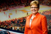 Julie Pioletti, a 30-year university employee who has managed the men's basketball team office for nine years, is more likely to lead a fast bake than a fast break. In addition to regular office duties, she goes out of her way to be the team mom - baking goodies for players on their birthdays and supplying a hug when needed. She said she's been most amazed at the numerous details it takes just to play a basketball game.  Click photo to enlarge
