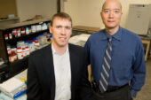 University of Illinois chemistry professor Paul Hergenrother, left, and veterinary clinical medicine professor Timothy Fan tested an anti-cancer compound in pet dogs that will be used in human clinical trials.