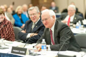 Sticking around President Bob Easter, who is helping with the presidential transition until his retirement later this year, is shown here at the recent board of trustees meeting in Chicago. At Urbana's Senate Executive Committee Feb. 2, Easter said the university has the ability to weather short-term state funding cuts.  Click photo to enlarge