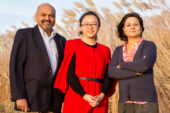Illinois researchers used a land-surface model to determine regions in the United States where bioenergy crops would grow best. L-R: Atmospheric sciences professor Atul Jain, graduate student Yang Song, and agricultural and consumer economics professor Madhu Khanna.